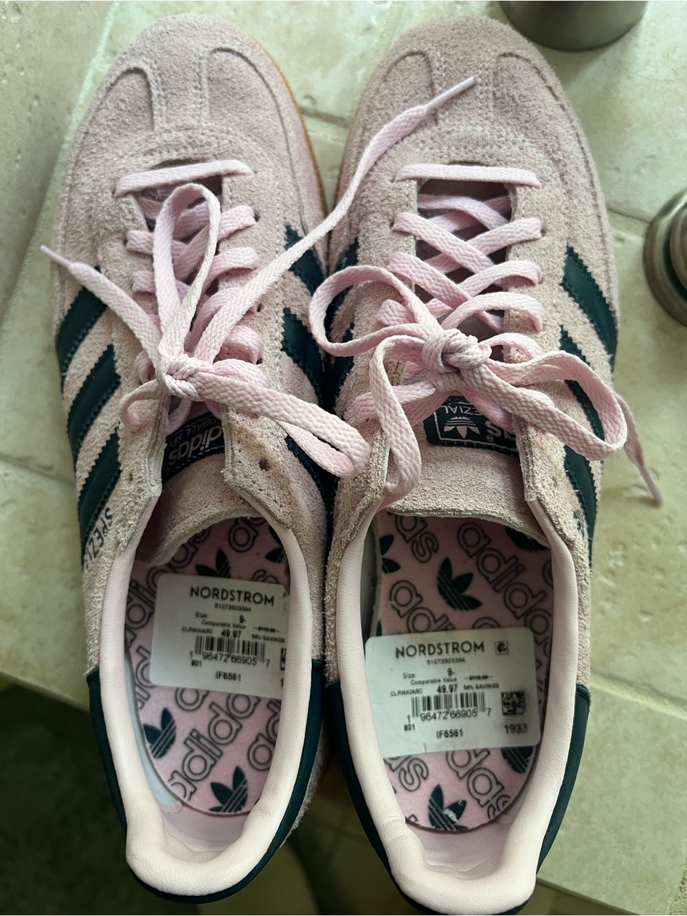Adidas Pink Suede Sneakers with Dark Blue Stripes Size 9